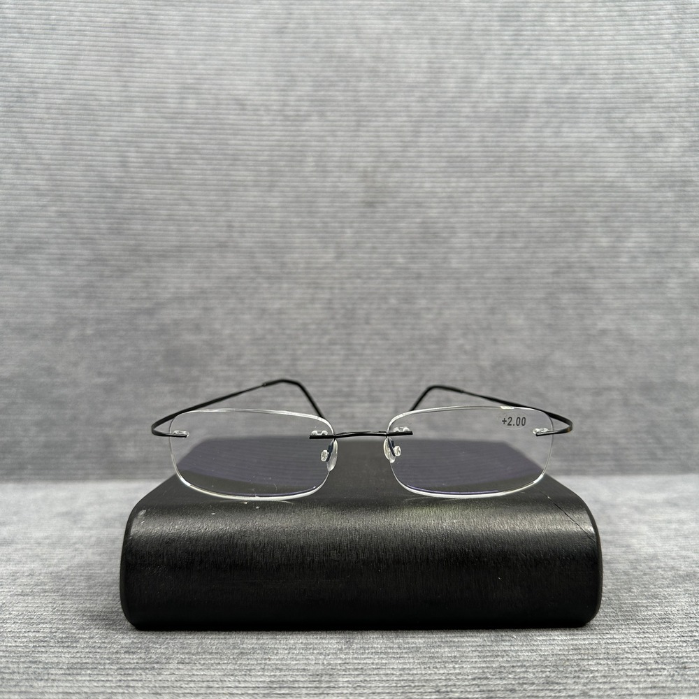 Rimless Reading Glasses Black Metal Lightweight Rectangular +2.00 Y2k